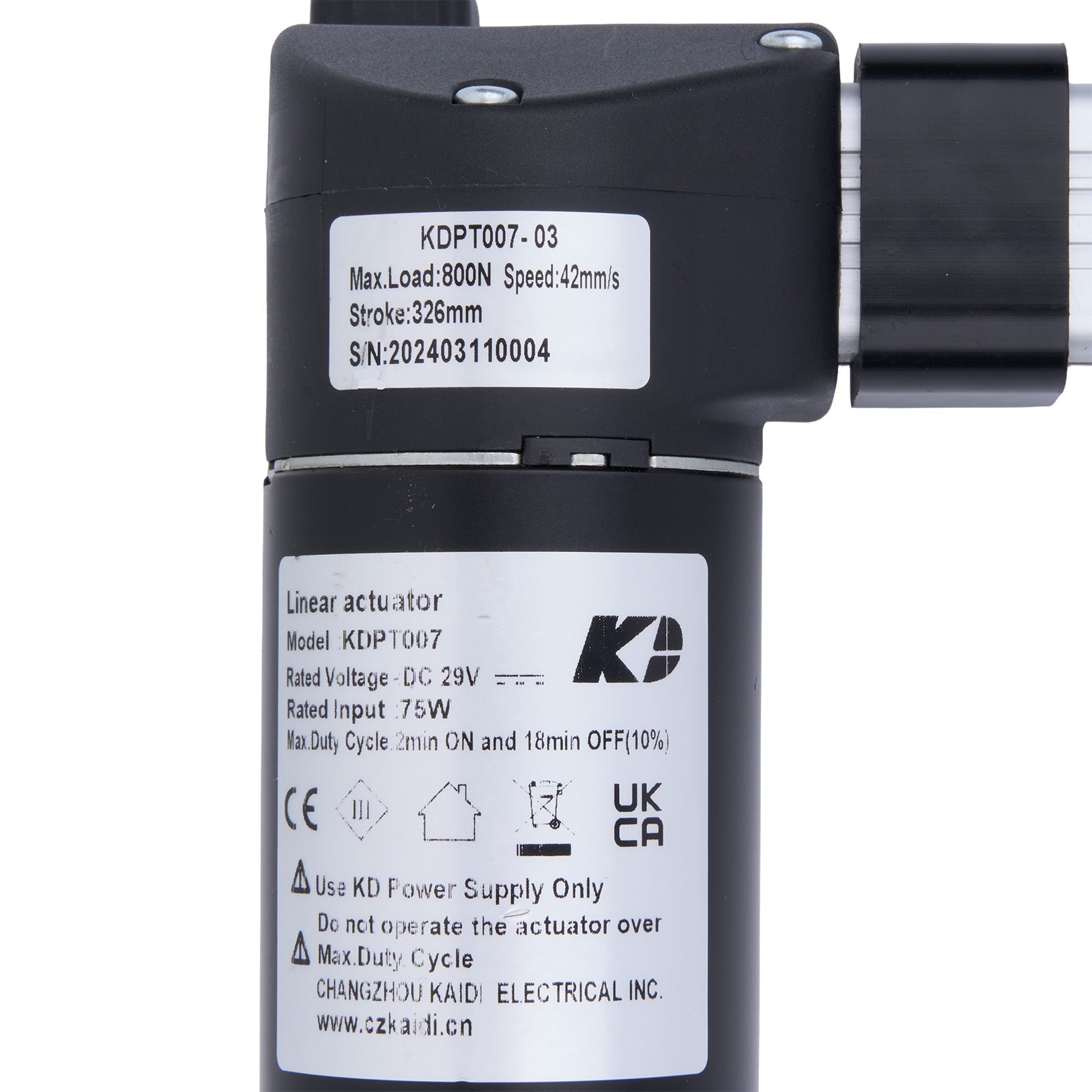 Linear actuator with KD branding and specifications on a white background