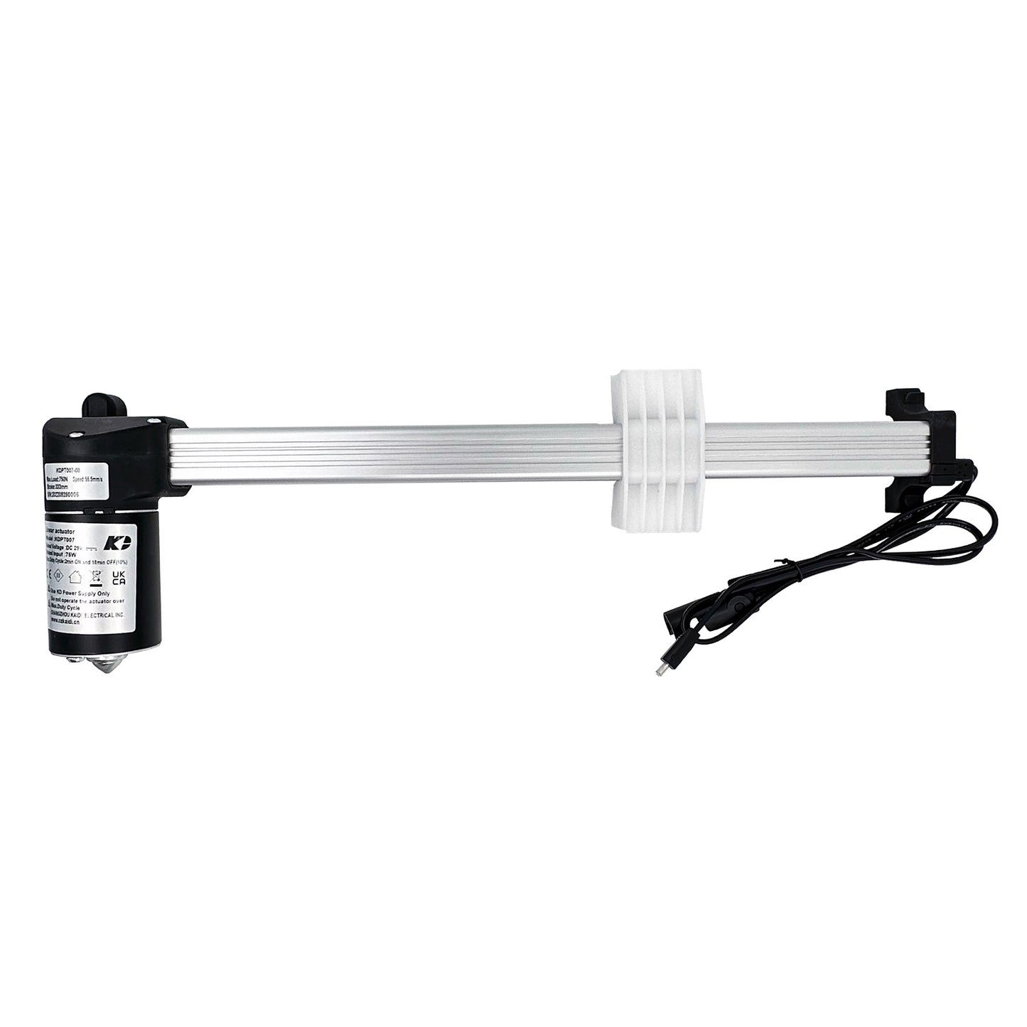 A black linear actuator with a power input connector and a remote controller plug, intended for use with a power recliner or lift chair.