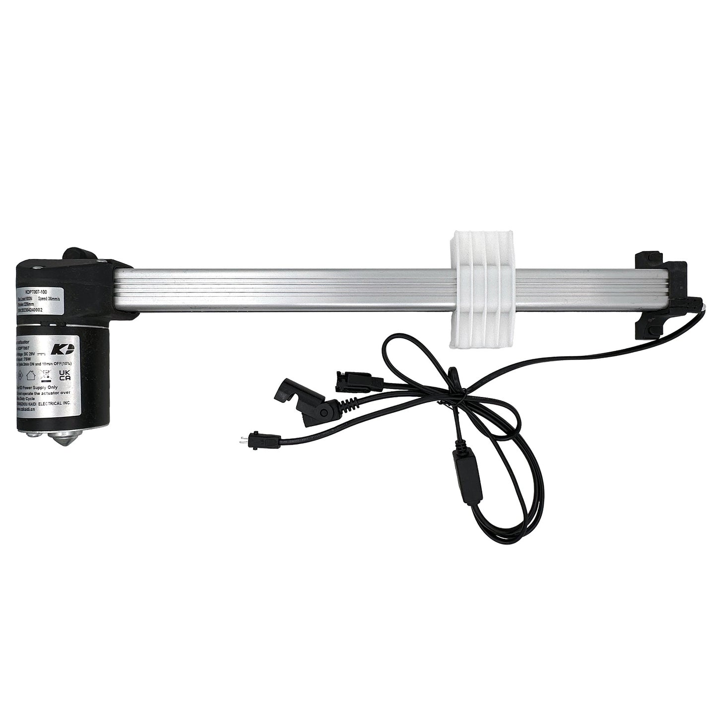 A black linear actuator with cables and connectors, designed for use with a recliner or lift chair.