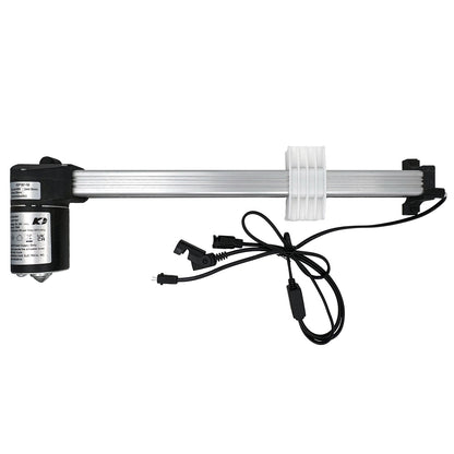 A black linear actuator with cables and connectors, designed for use with a recliner or lift chair.