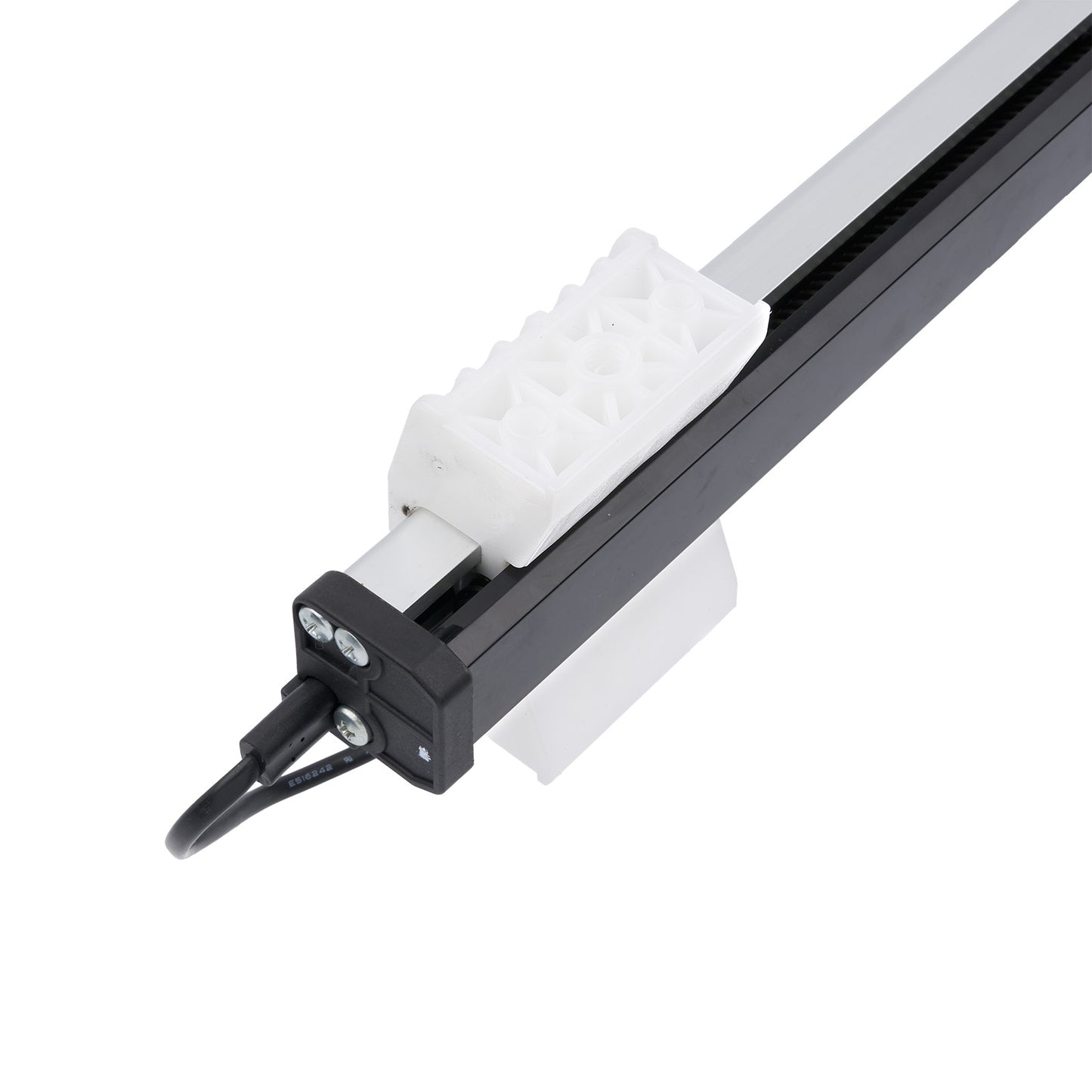 Window cleaning brush with white bristles and black handle on a white background