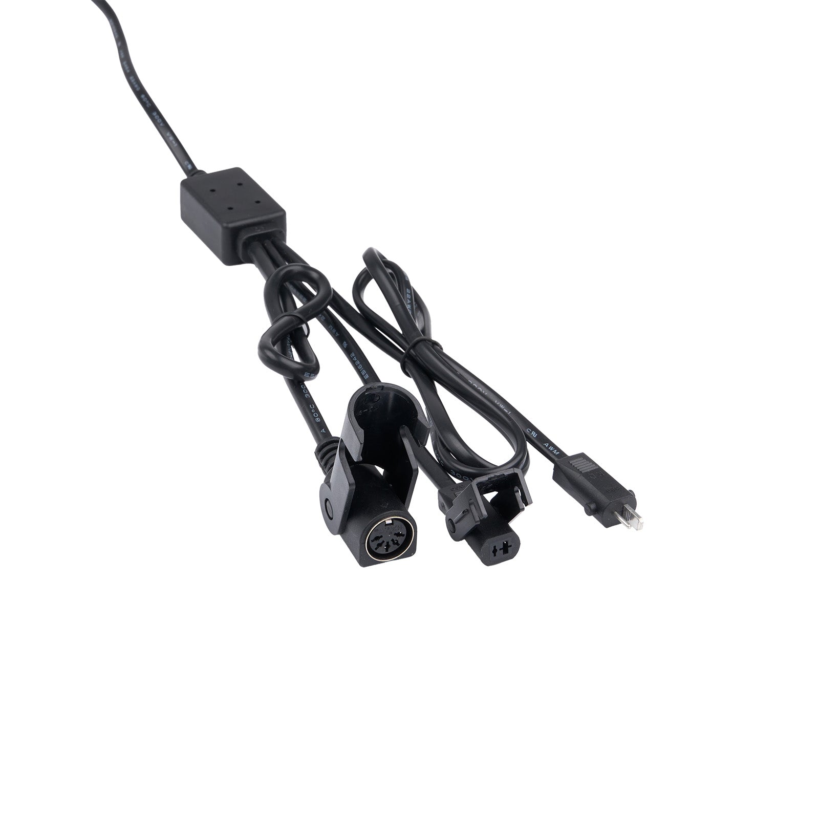 Black electrical cable with connectors on a white background
