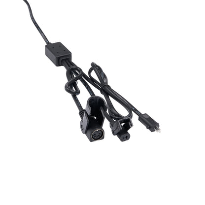 Black electrical cable with connectors on a white background