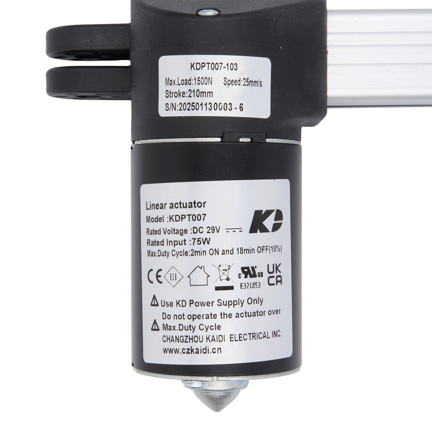 Linear actuator with specifications on a white background