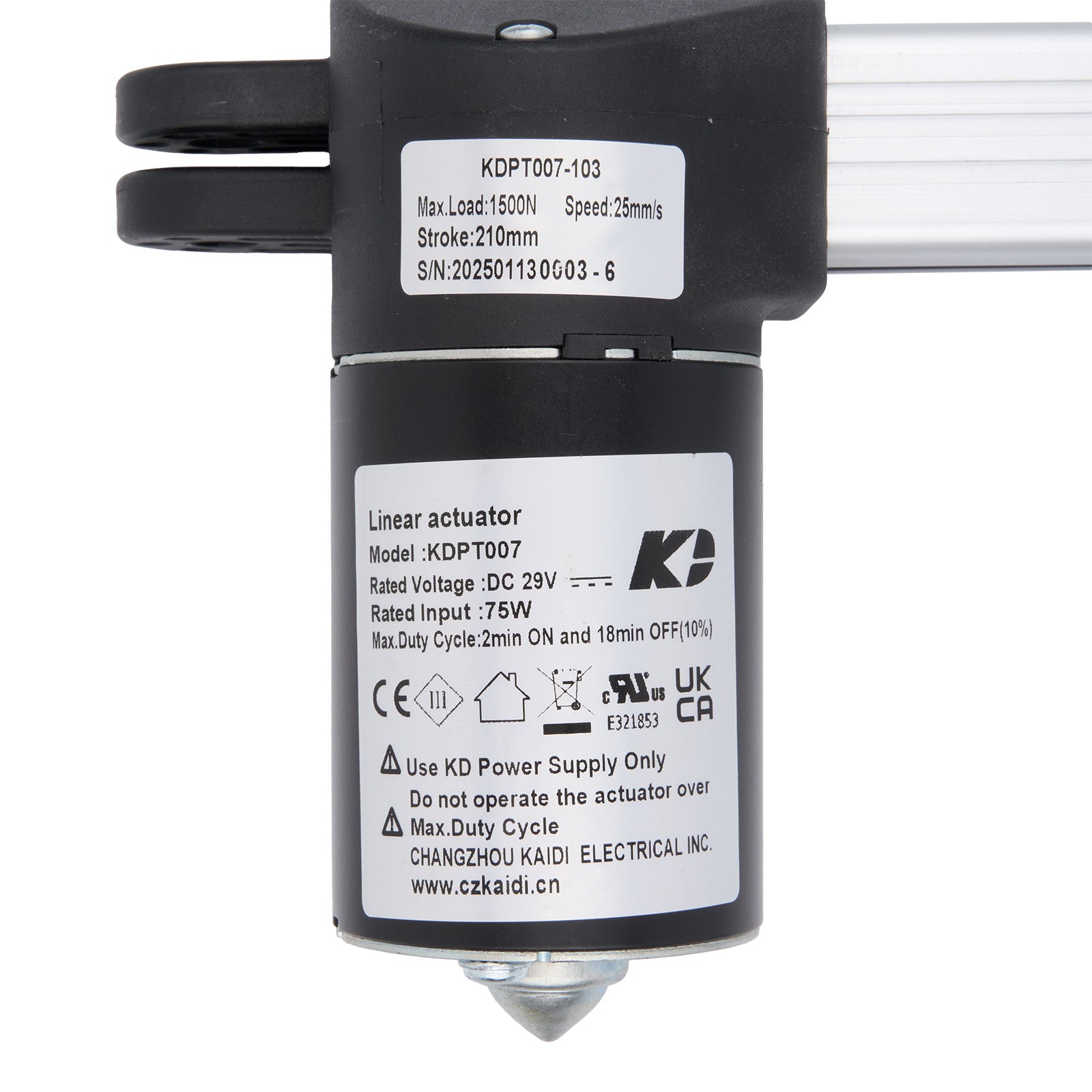 Linear actuator with specifications on a white background