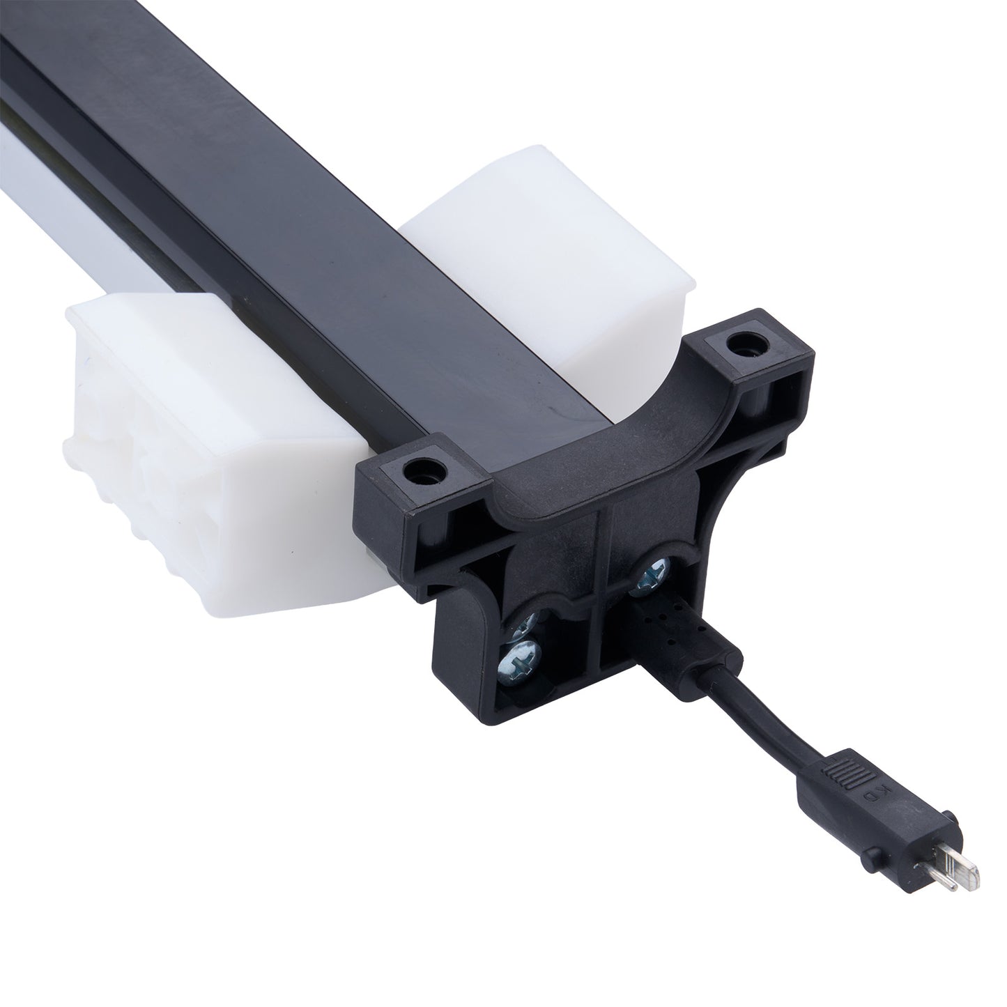 Black and white electronic component with a plug on a white background