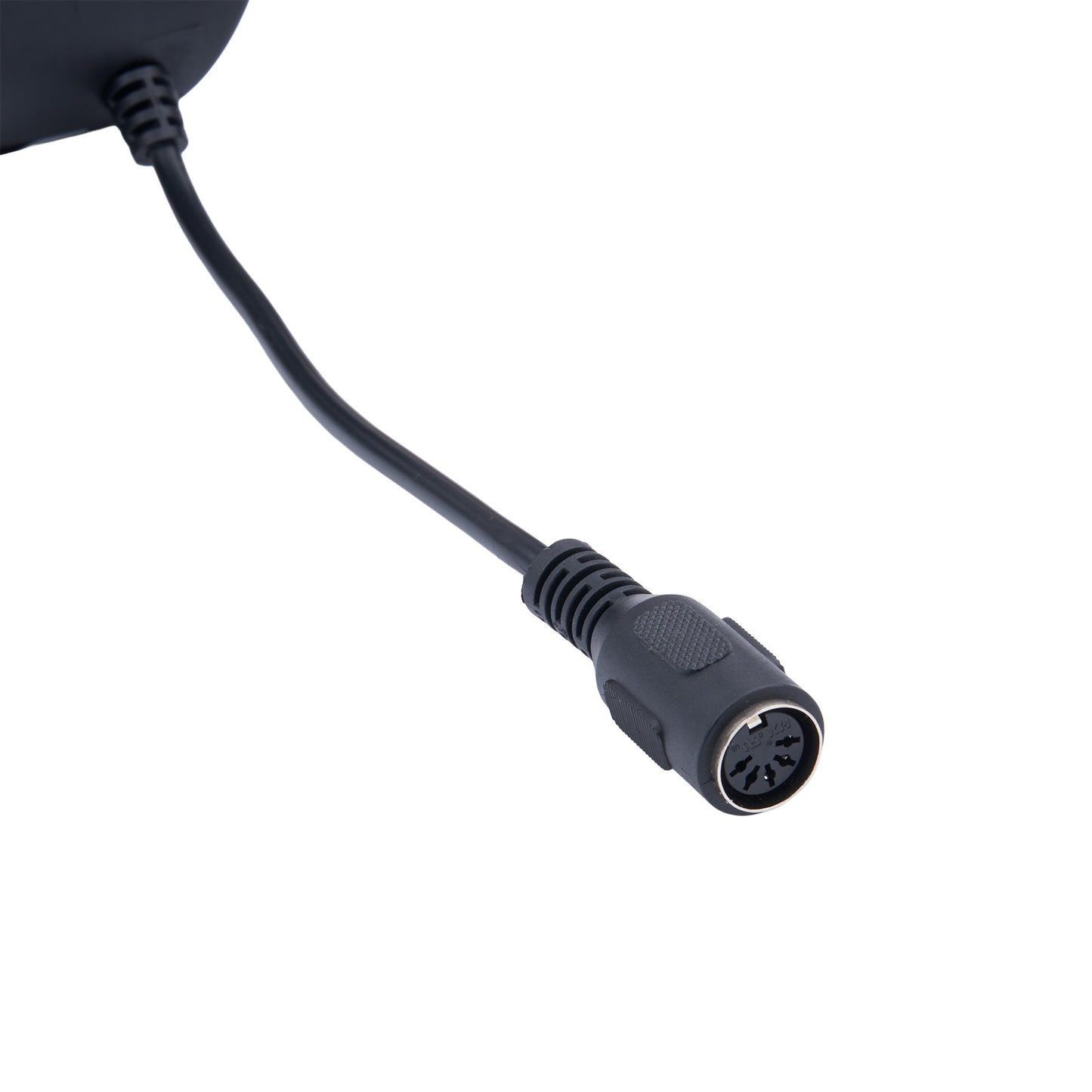 Black cable connector on a white background
