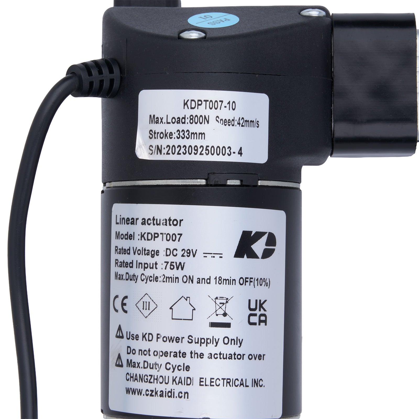 Black linear actuator with technical specifications on a white background