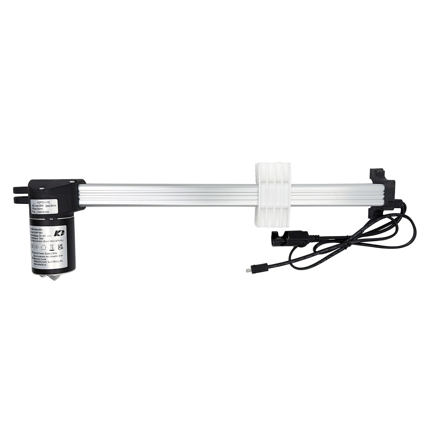 A KAIDI KDPT007-110 linear actuator, featuring a motor unit on one end and a series of linked gears and a shaft on the other, with attached electrical cables.