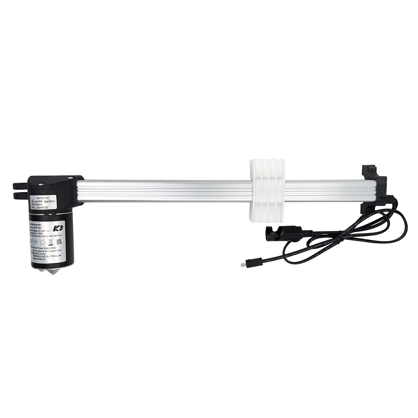 A KAIDI KDPT007-110 linear actuator, featuring a motor unit on one end and a series of linked gears and a shaft on the other, with attached electrical cables.