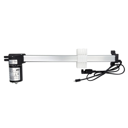 A KAIDI KDPT007-110 linear actuator, featuring a motor unit on one end and a series of linked gears and a shaft on the other, with attached electrical cables.