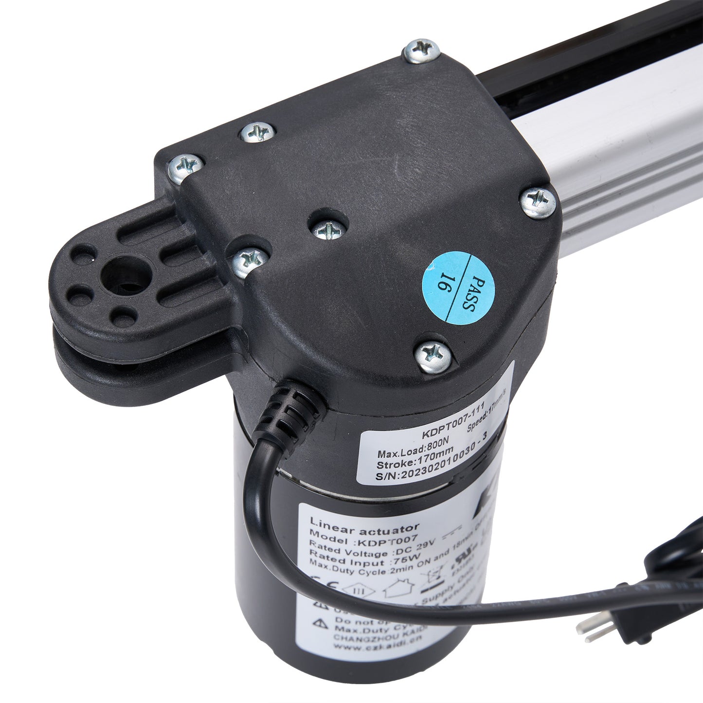 Linear actuator with visible branding and specifications on a white background