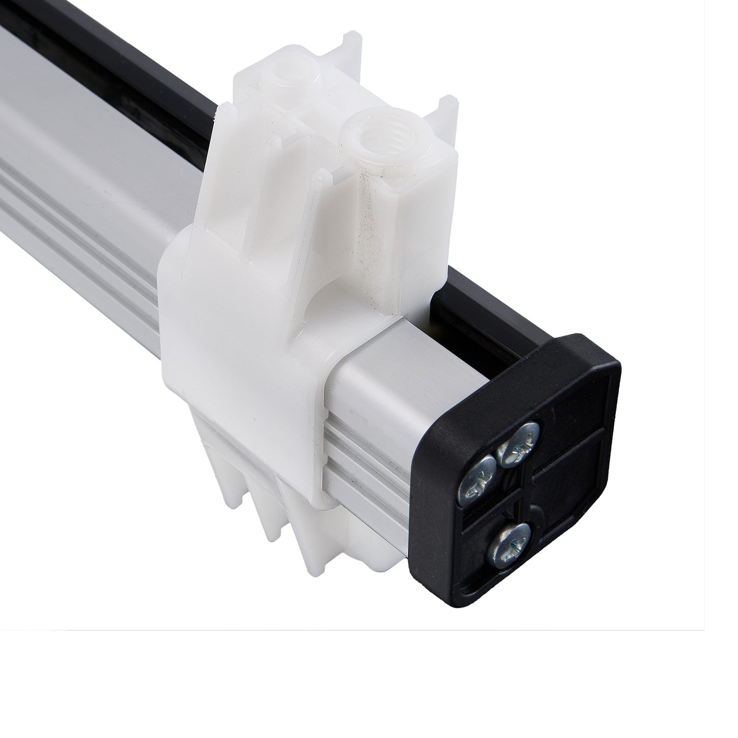 Close-up of a white and black LED light bar on a white background