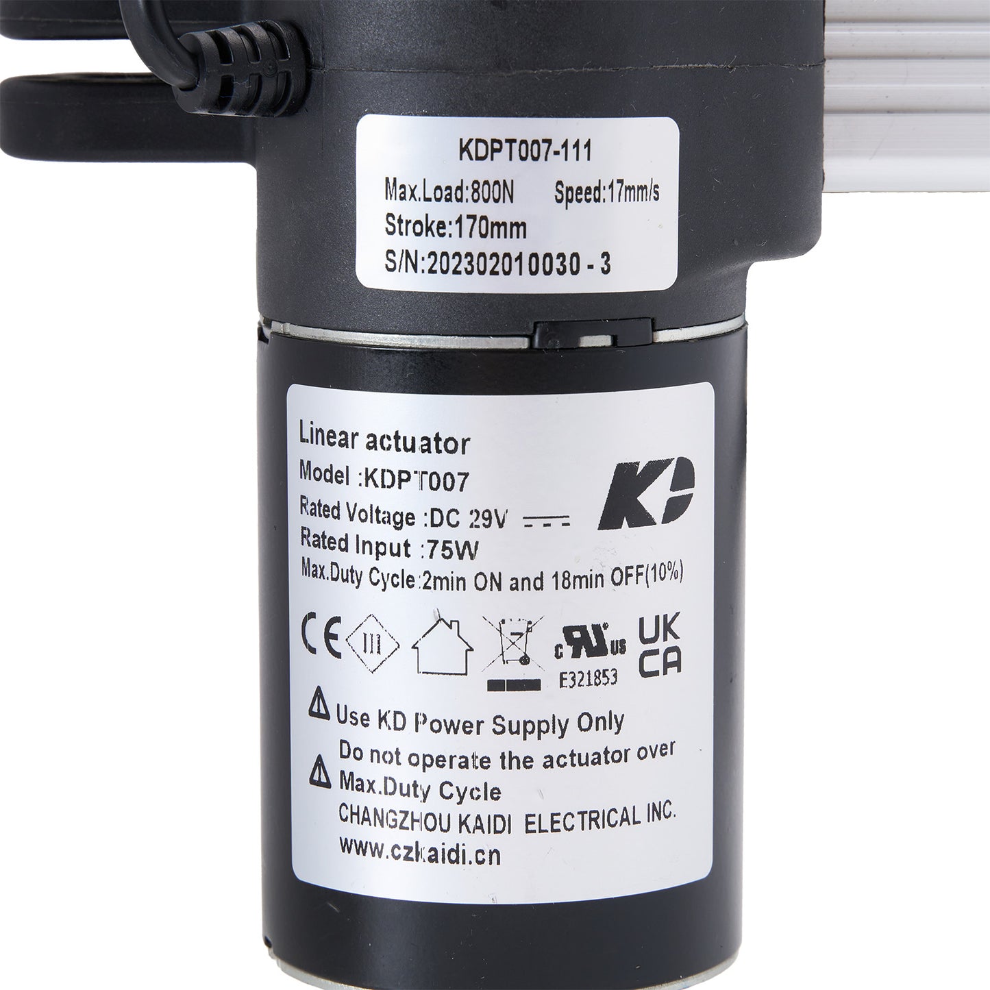 Linear actuator with label displaying specifications and branding on a white background