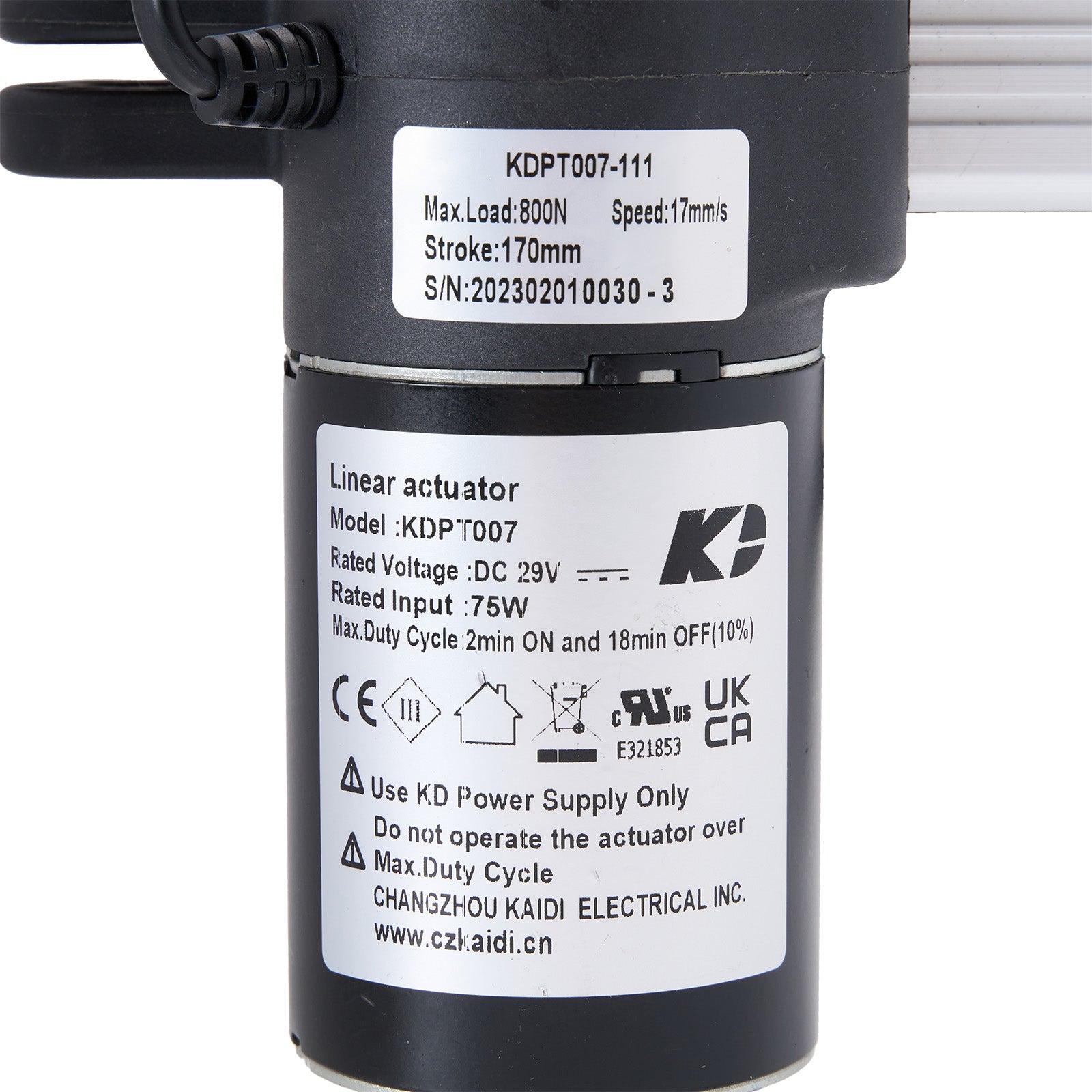 Linear actuator with label displaying specifications and branding on a white background