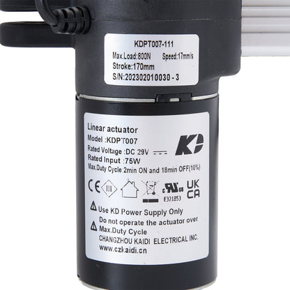 Linear actuator with label displaying specifications and branding on a white background