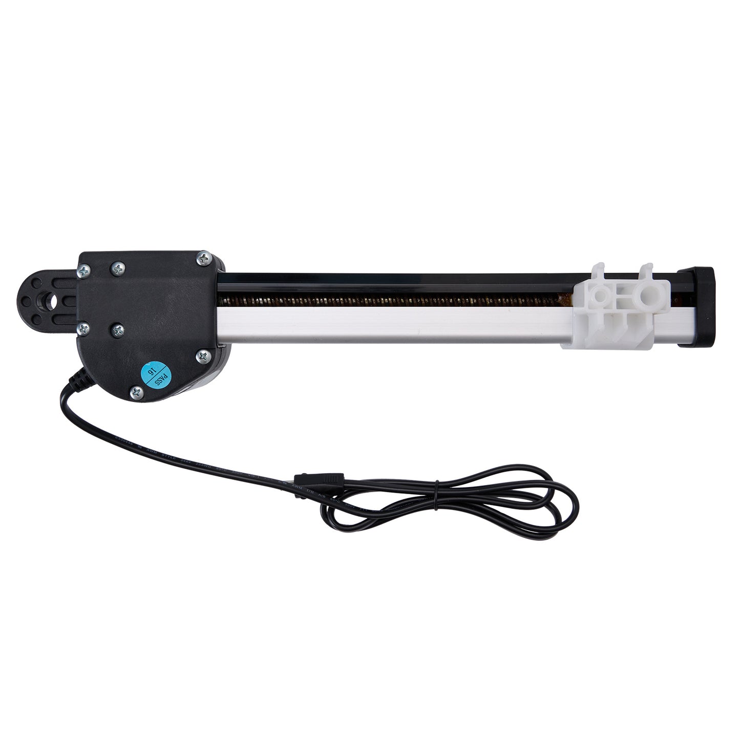 Electric actuator with a black cable on a white background