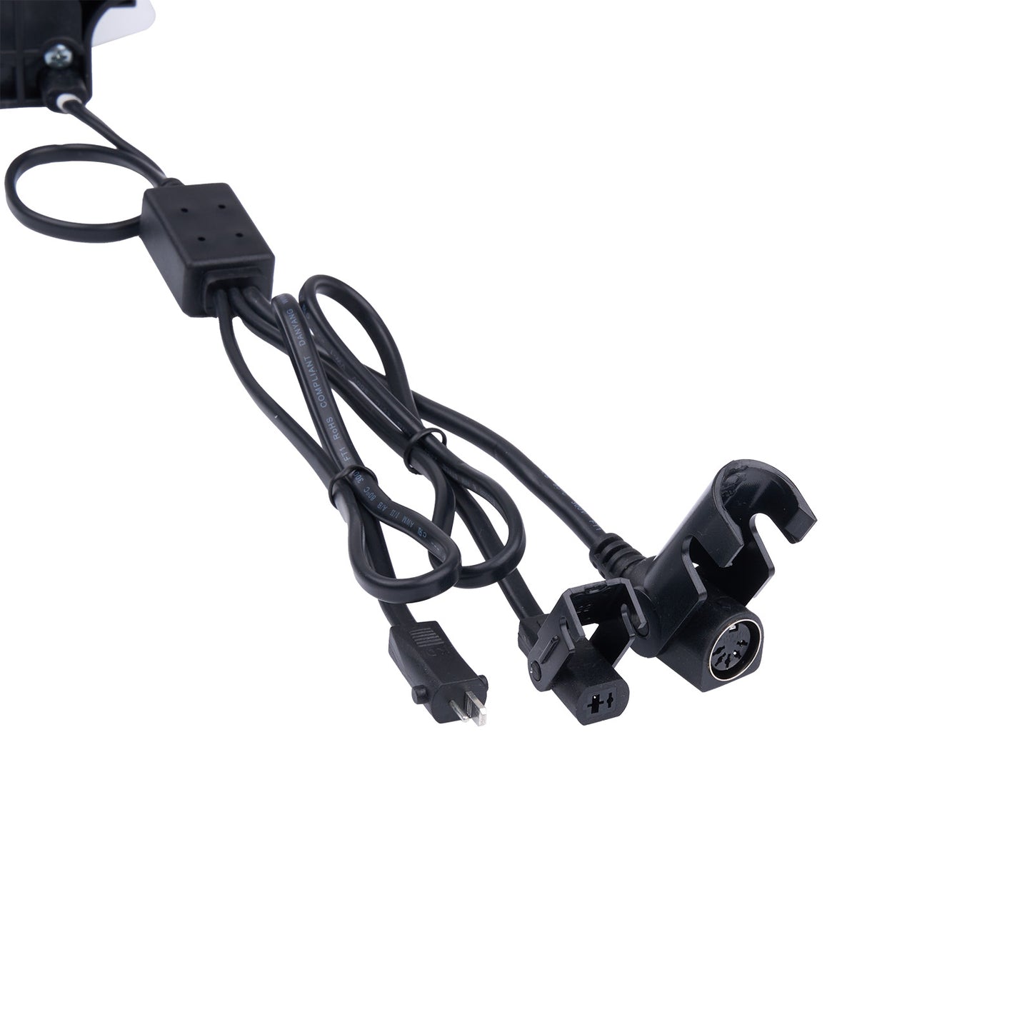 Black electrical cable with connectors on a white background