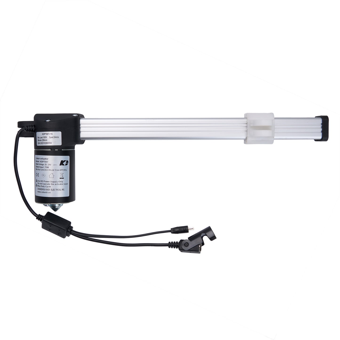 A KAIDI KDPT007-115 linear actuator, with a white motor housing and a silver actuator rod, attached to two cables with connectors.