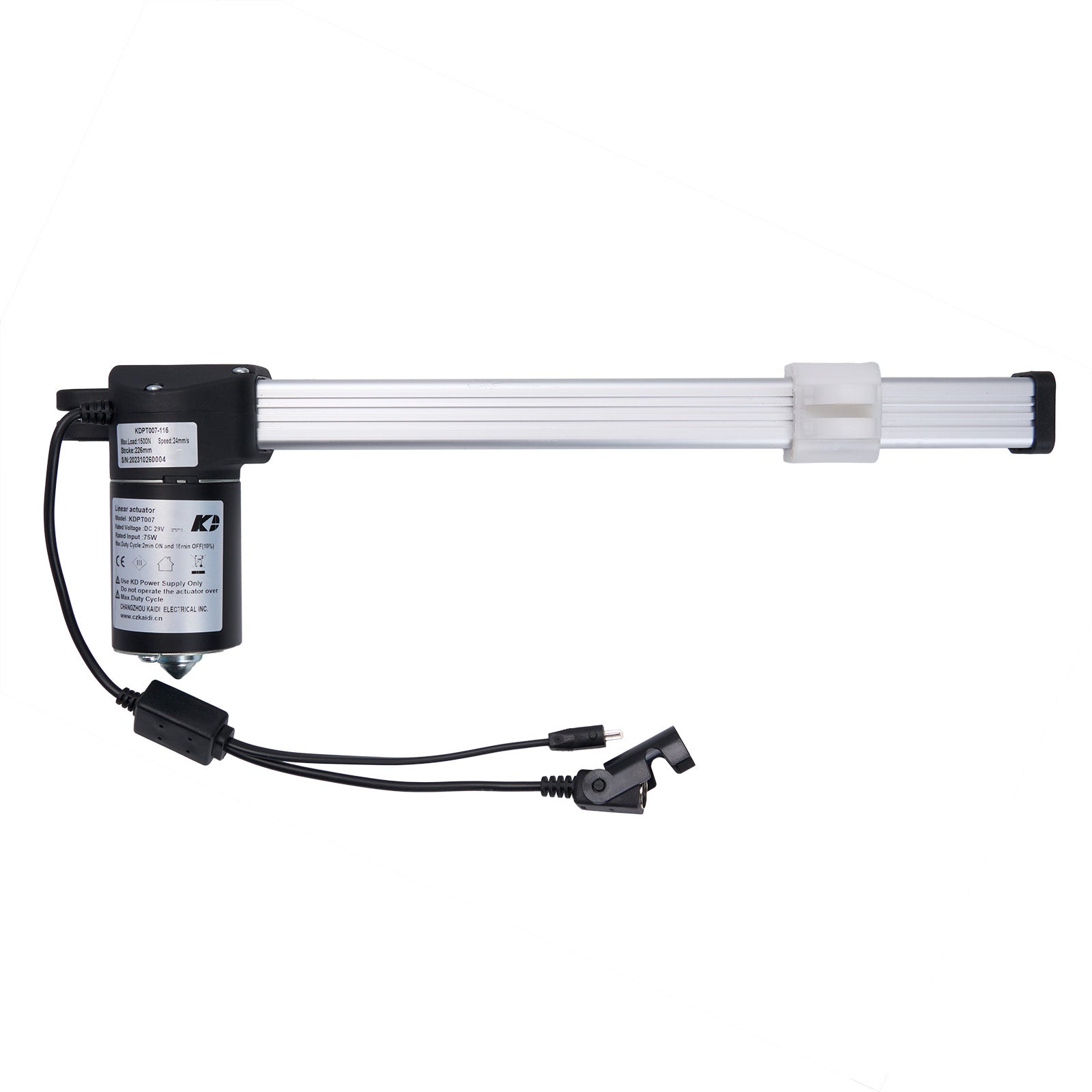 A KAIDI KDPT007-115 linear actuator, with a white motor housing and a silver actuator rod, attached to two cables with connectors.