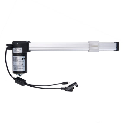A KAIDI KDPT007-115 linear actuator, with a white motor housing and a silver actuator rod, attached to two cables with connectors.