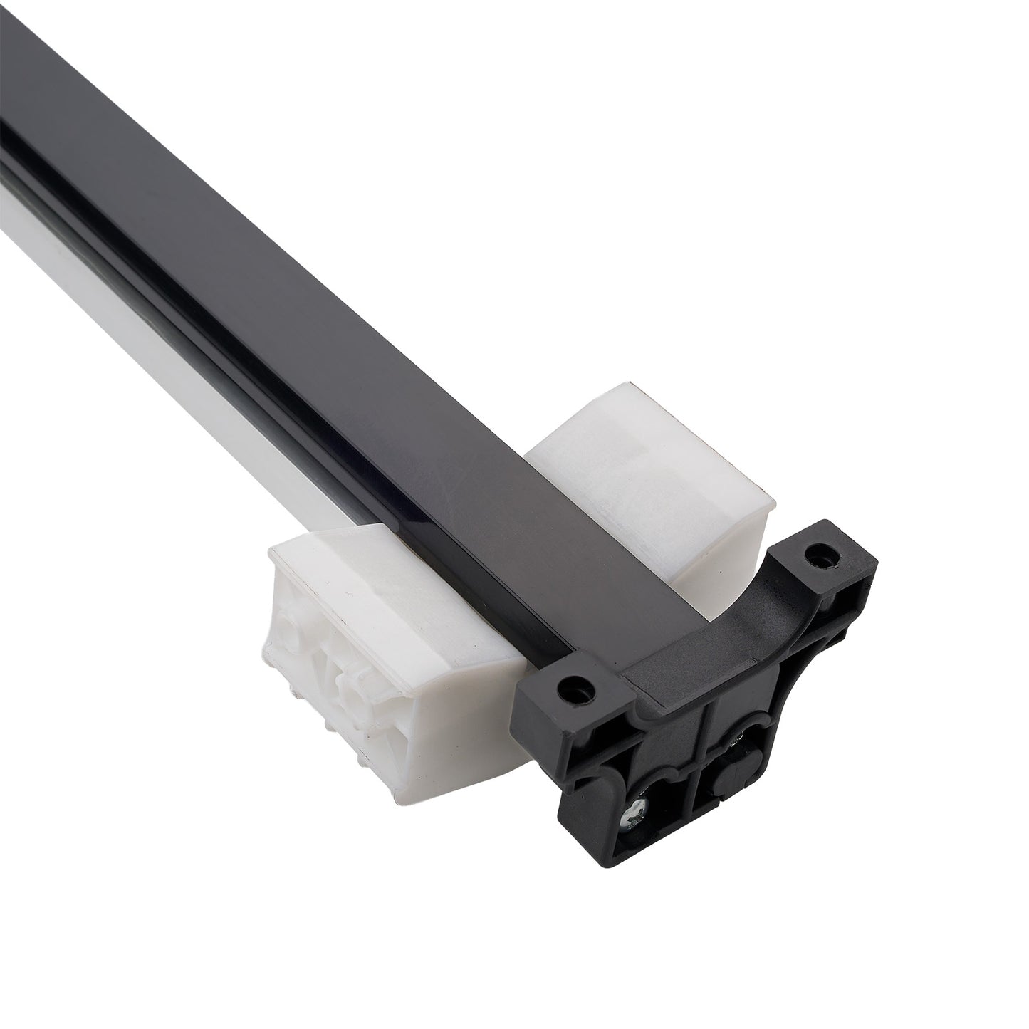 Black metal rod with white plastic connectors on a white background