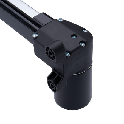 Black metal bracket with cylindrical component on a white background