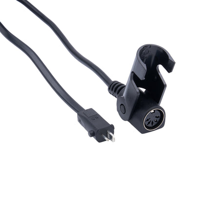 Black audio cable with plug and connector on a white background