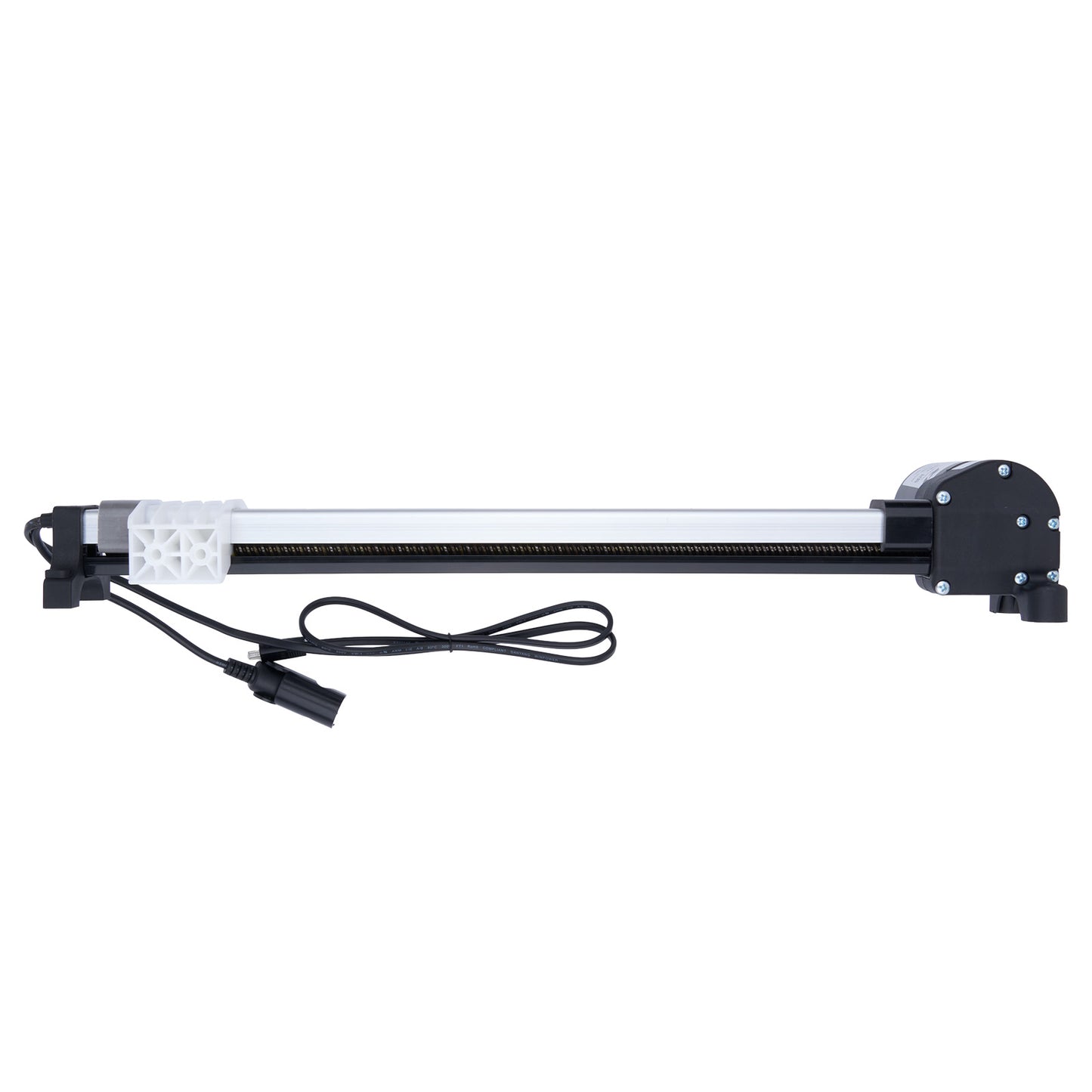 LED light bar with black housing and white light on a white background