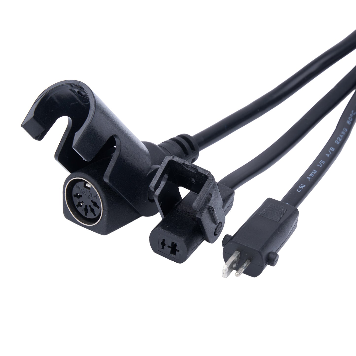 Black electrical cable with plug and socket on a white background