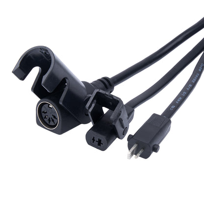 Black electrical cable with plug and socket on a white background