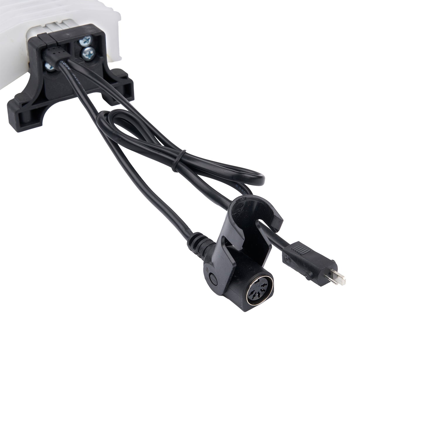 Black electrical cable with connectors on a white background