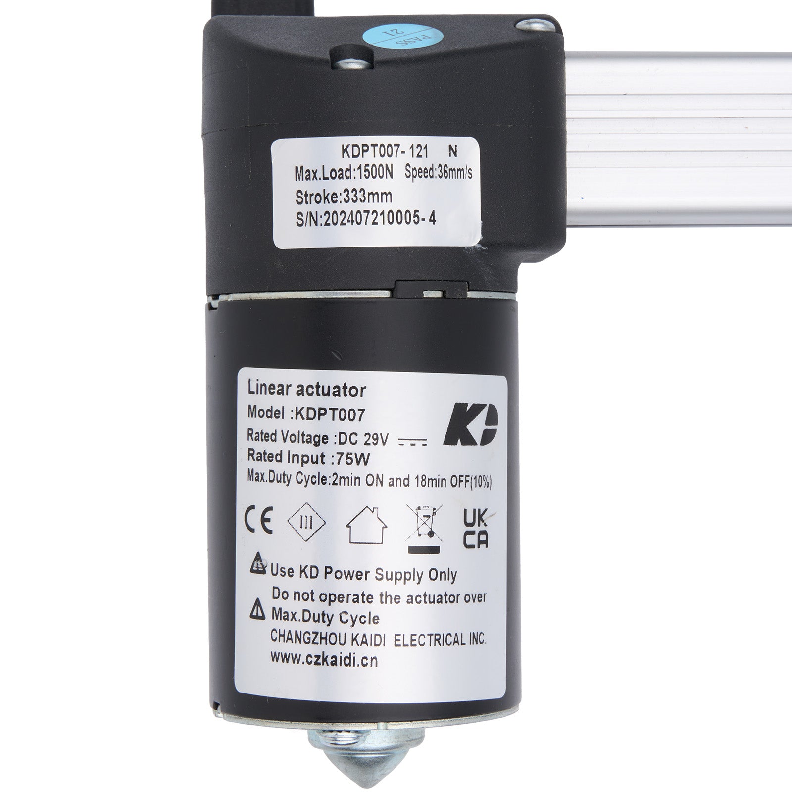 Linear actuator with specifications label on a white background