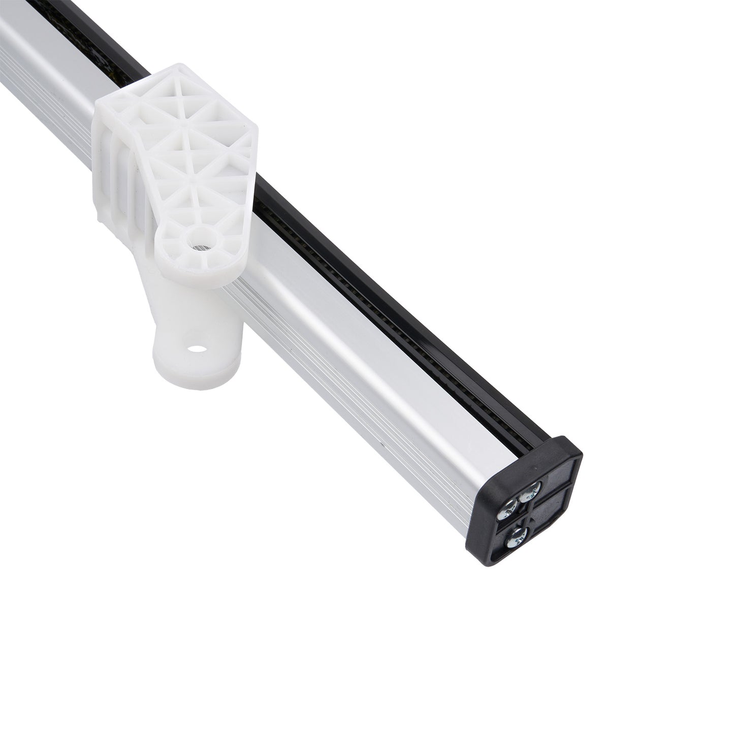 Metal rod with a white plastic clamp on a white background
