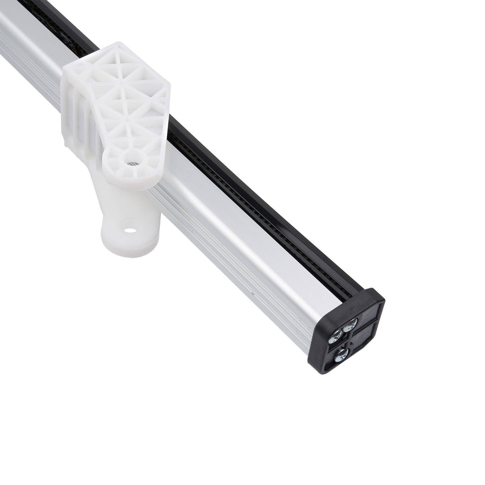 Metal rod with a white plastic clamp on a white background