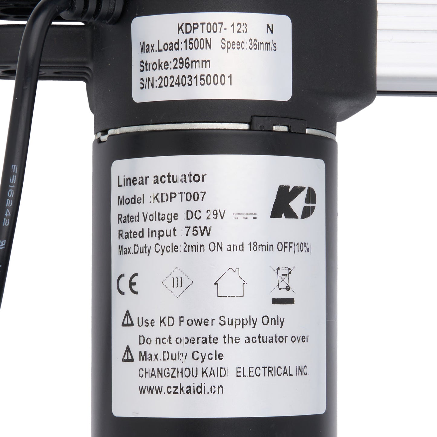 Linear actuator with specifications and branding on a white background
