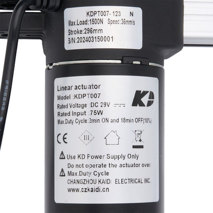 Linear actuator with specifications and branding on a white background