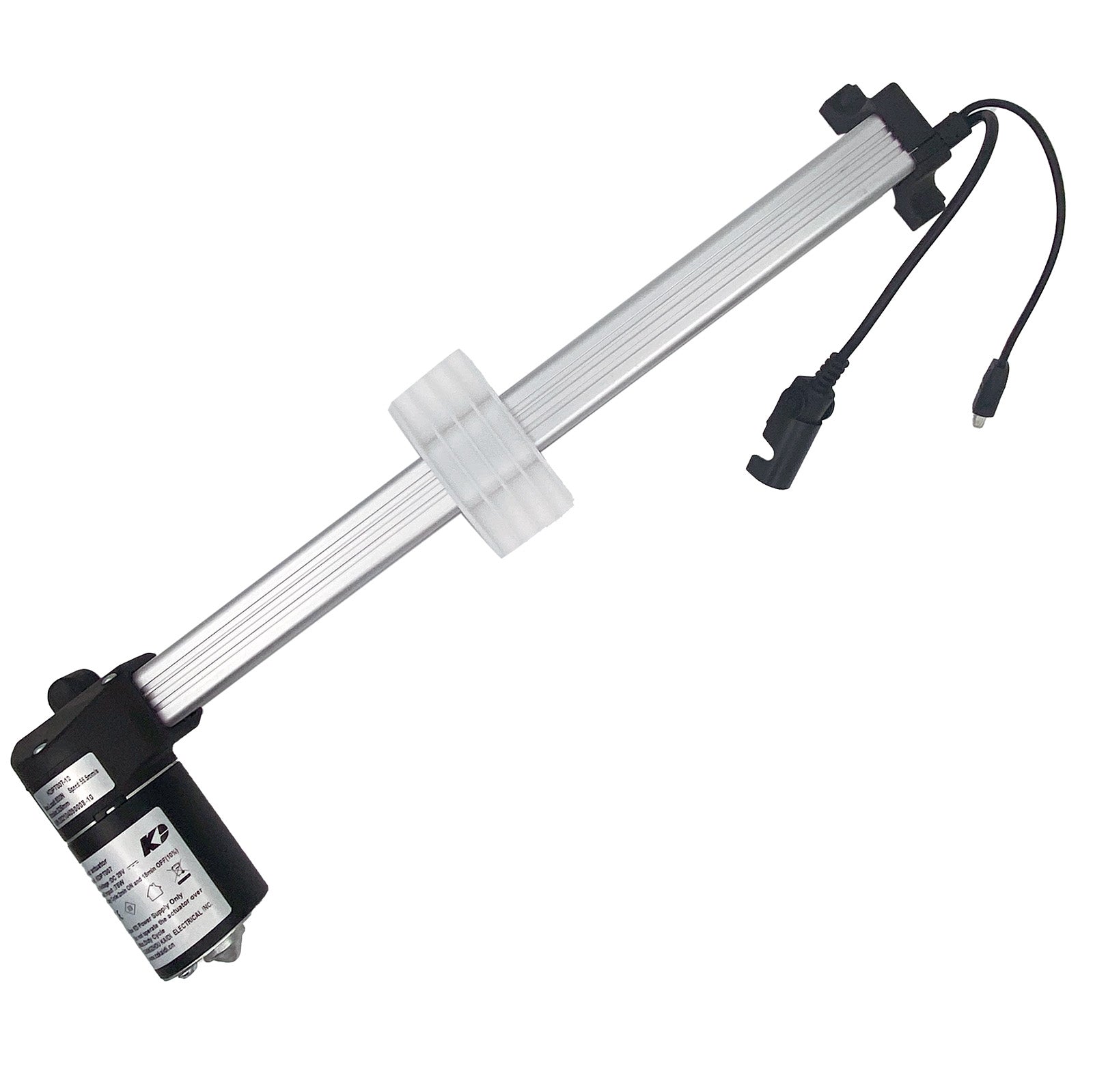 A KAIDI KDPT007-12 linear actuator for recliner or lift chair, showing the actuator body with a black and silver color scheme, including a cable and plug.