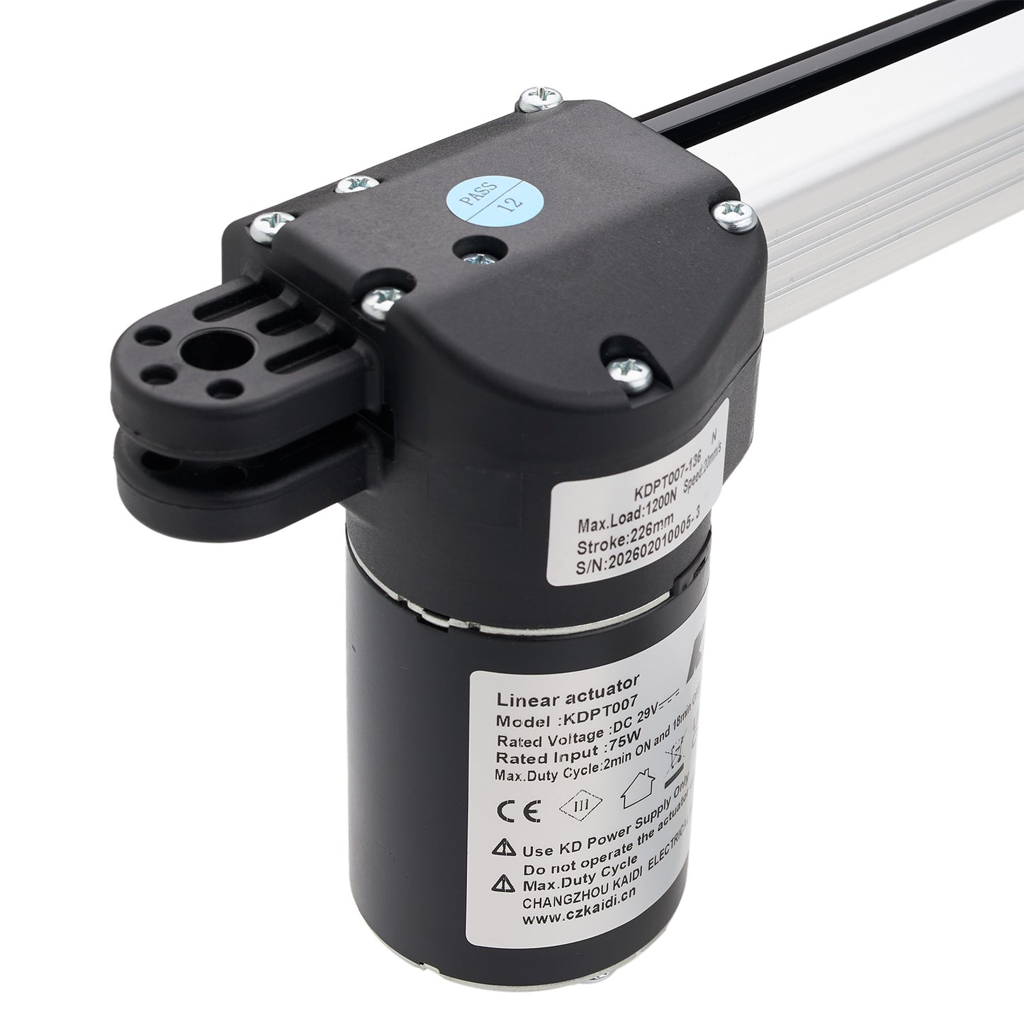 Linear actuator with visible branding and specifications on a white background