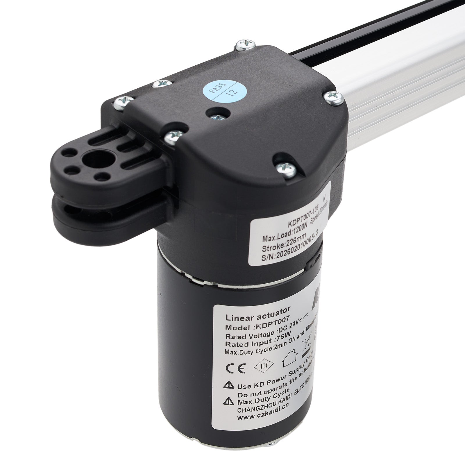 Linear actuator with visible branding and specifications on a white background