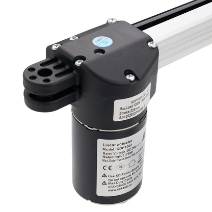 Linear actuator with visible branding and specifications on a white background