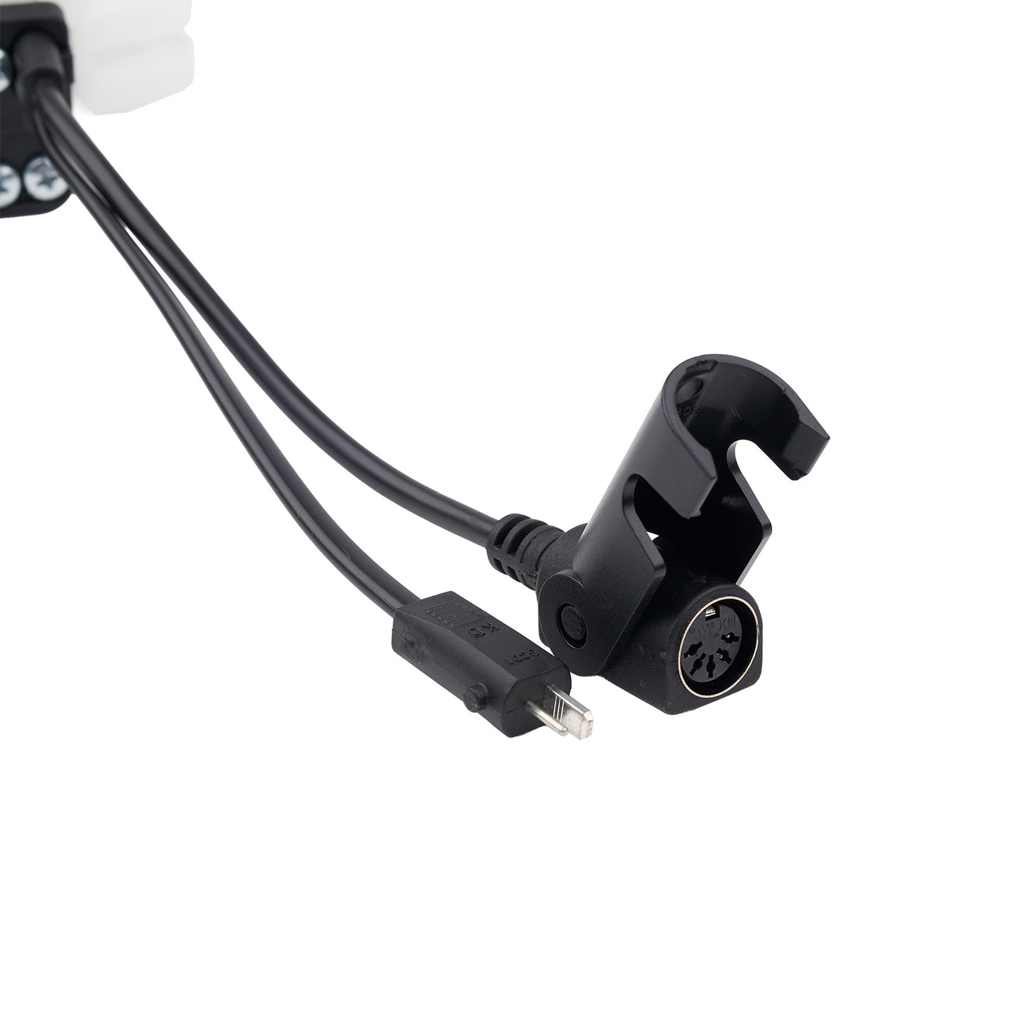 Black audio cable with a 3.5mm plug on a white background