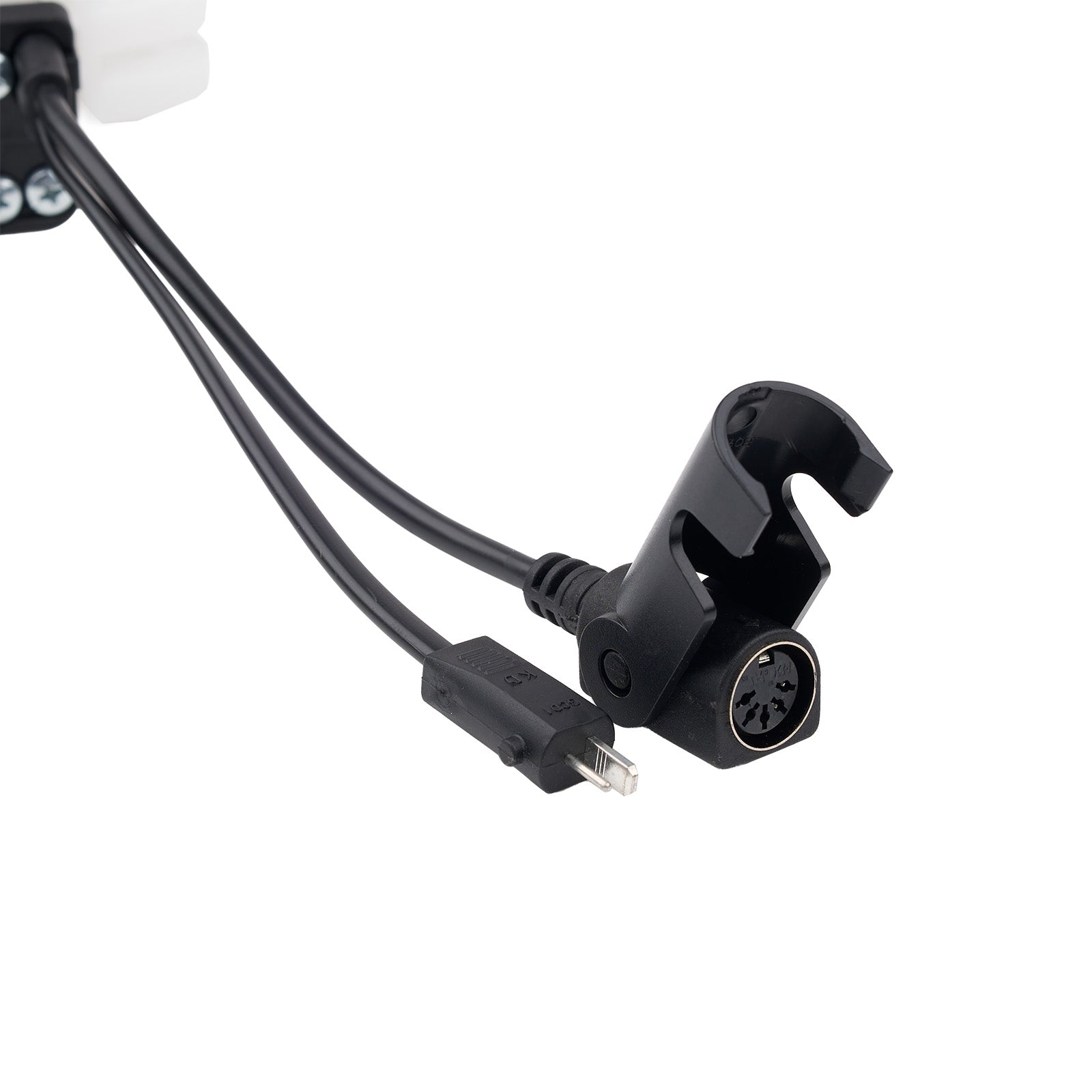 Black audio cable with a 3.5mm plug on a white background