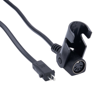 Black audio cable with plug and connector on a white background