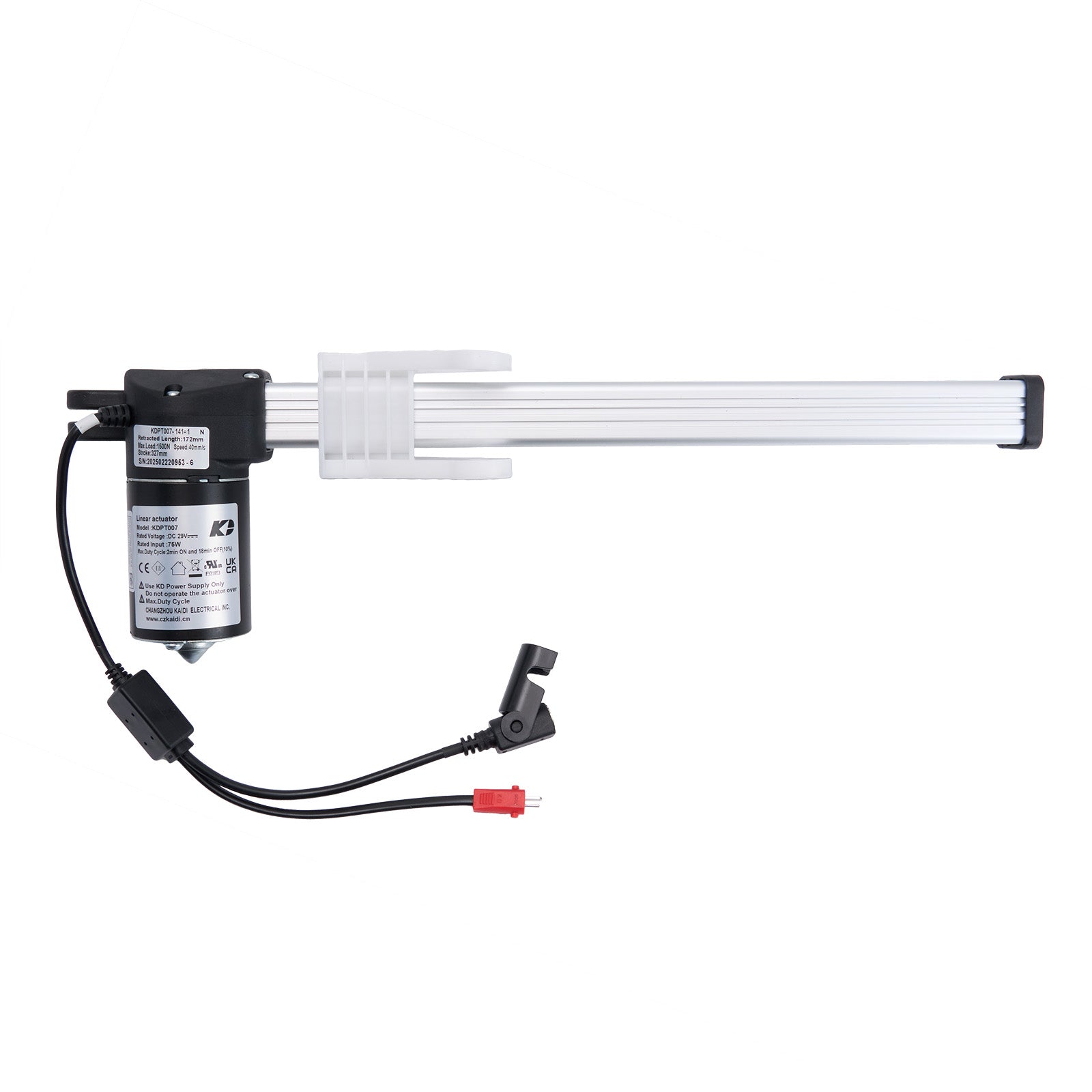 Linear actuator motor assembly for a recliner, featuring a long cylindrical motor with a black body, a five-pin female plug, and a two-pin male plug.