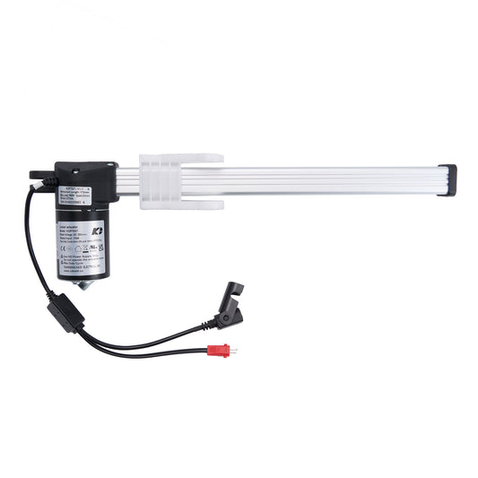 Linear actuator motor assembly for a recliner, featuring a long cylindrical motor with a black body, a five-pin female plug, and a two-pin male plug.