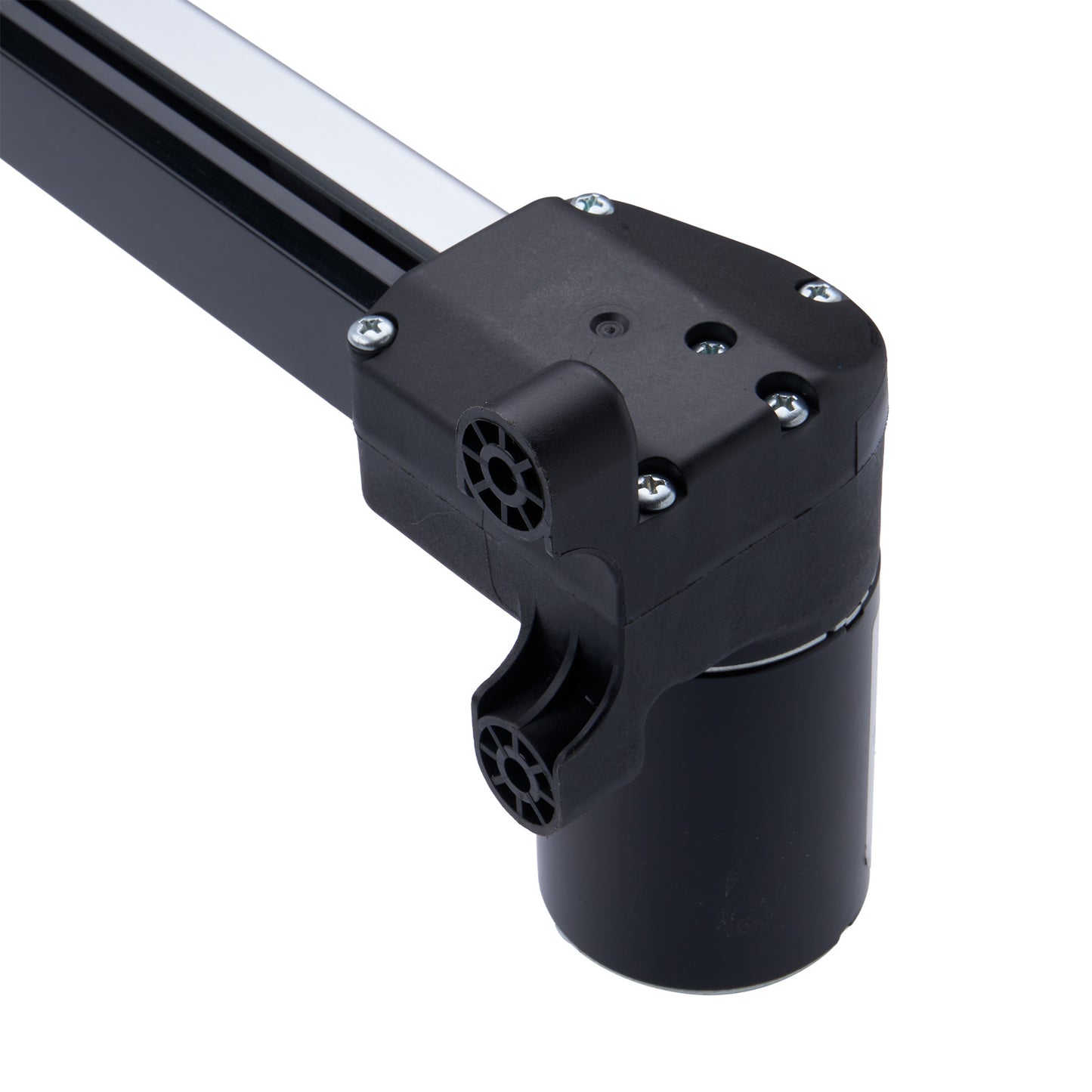 Black metal rod with cylindrical component on a white background