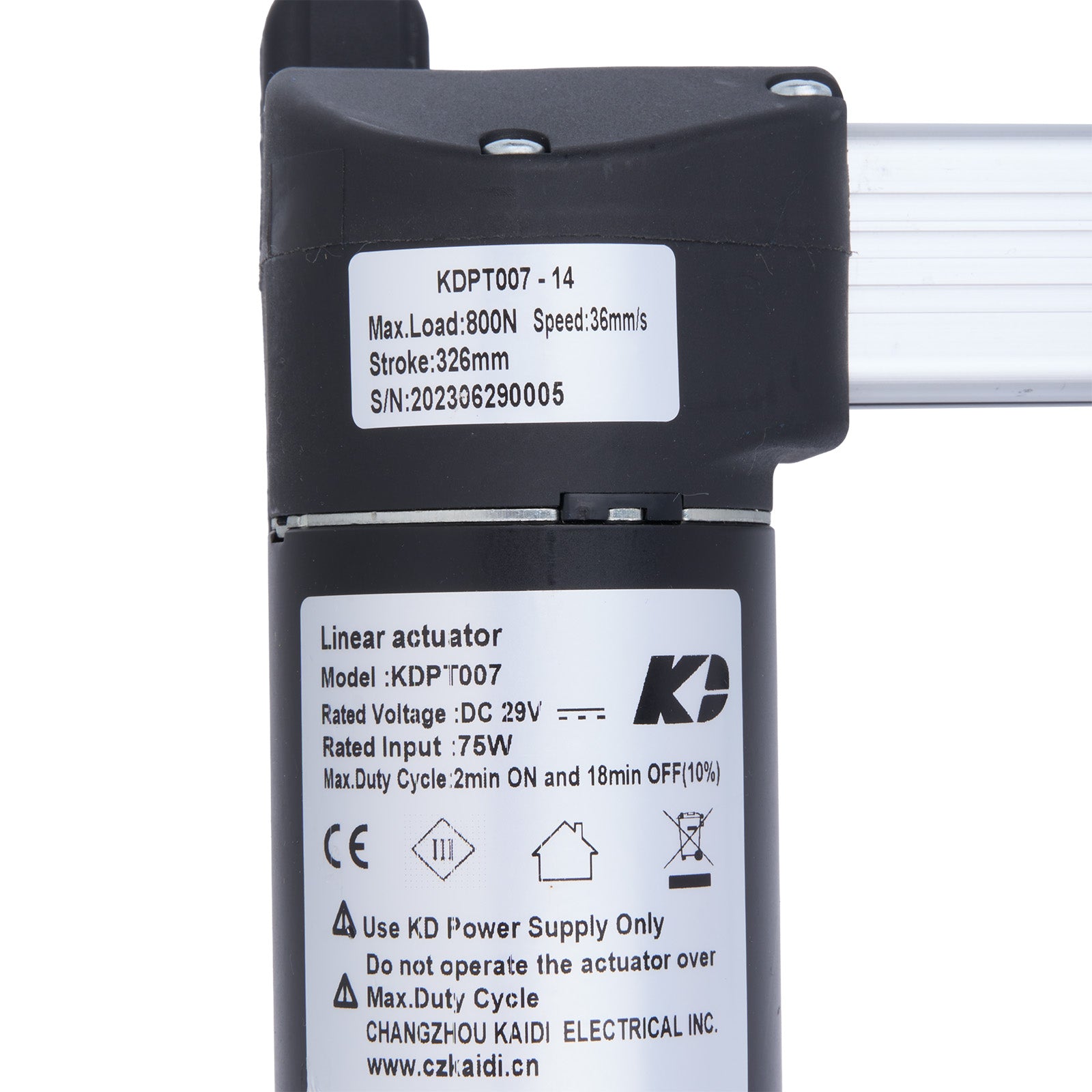 Linear actuator with technical specifications label on a white background