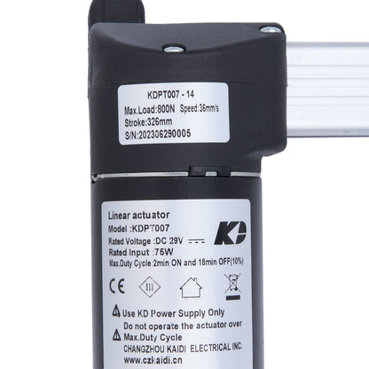 Linear actuator with technical specifications label on a white background