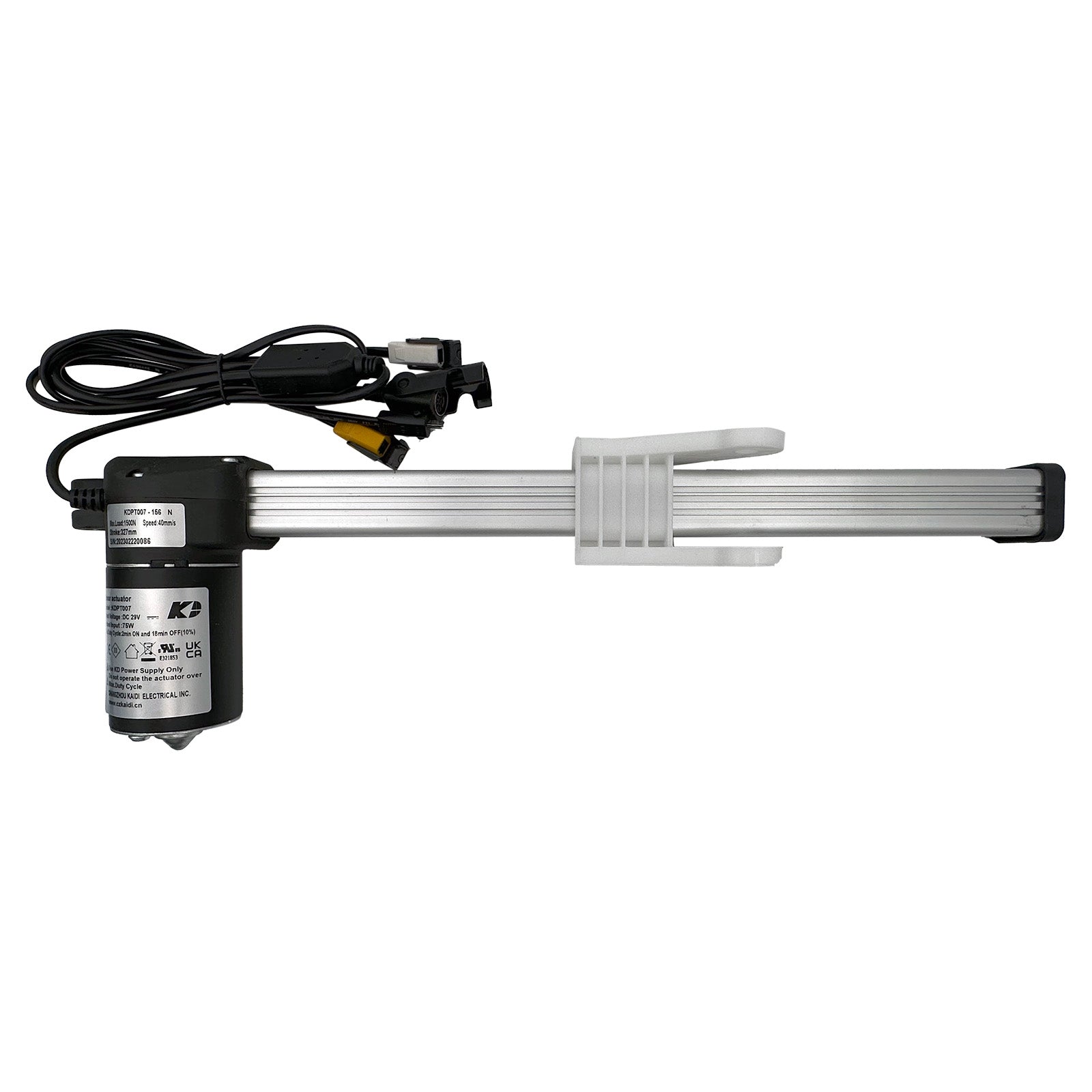 A silver-colored linear actuator for a recliner or lift chair, showing the motor unit, shaft, and attached cables.